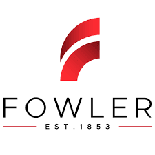 Logo featuring two red curved shapes above the word "Fowler" written in black capital letters, with "EST. 1853" below.